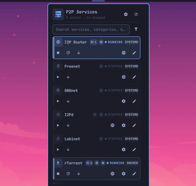 Compact service list with icon indicators