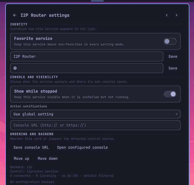 I2P Router service settings with previous and next navigation