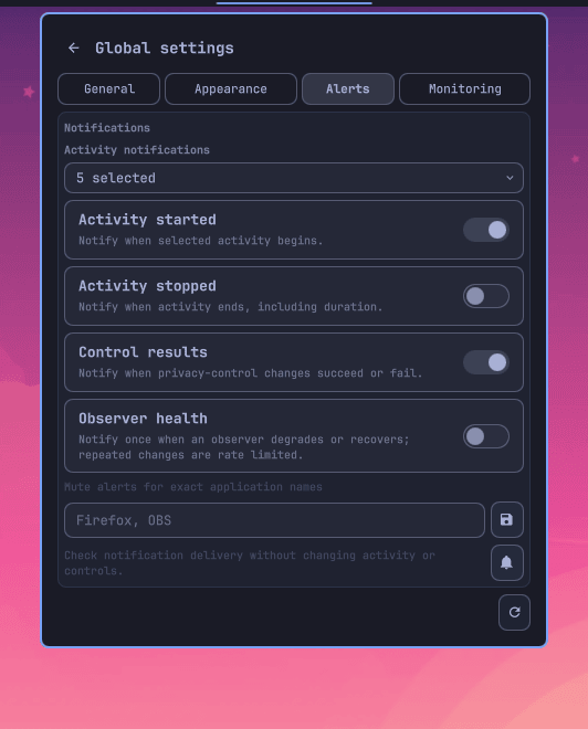 Alerts settings page