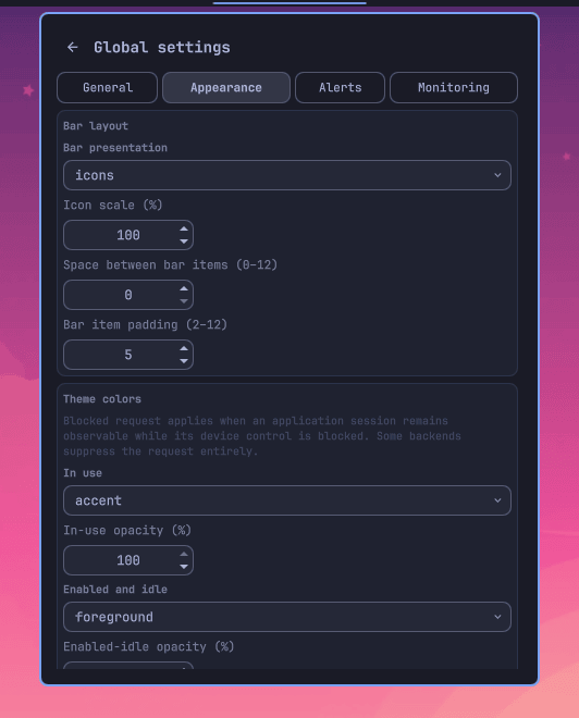 Appearance settings page with bar layout and theme controls