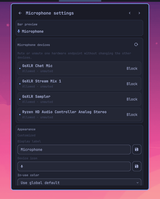 Individual privacy-device settings page
