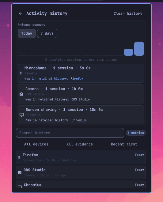 Completed privacy activity history view