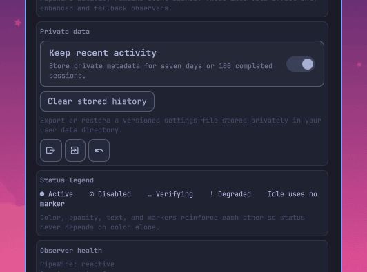 Monitoring settings focused on private history and settings transfer