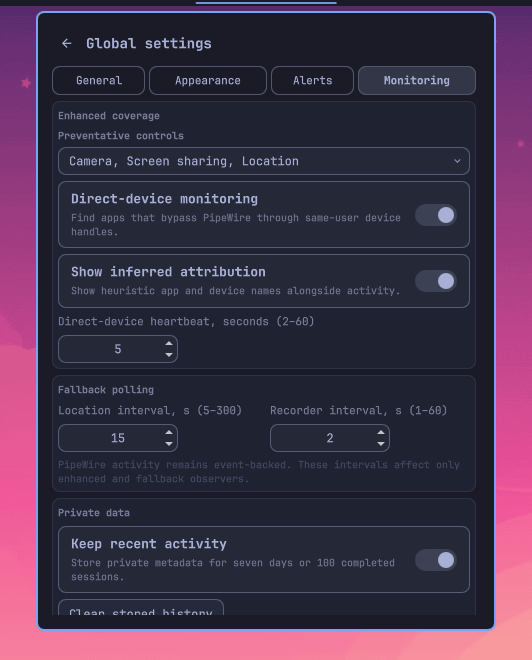 Monitoring settings page