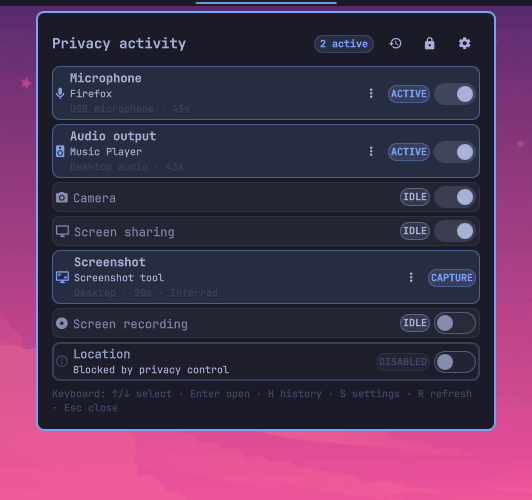 Privacy Devices activity panel showing live device state and controls